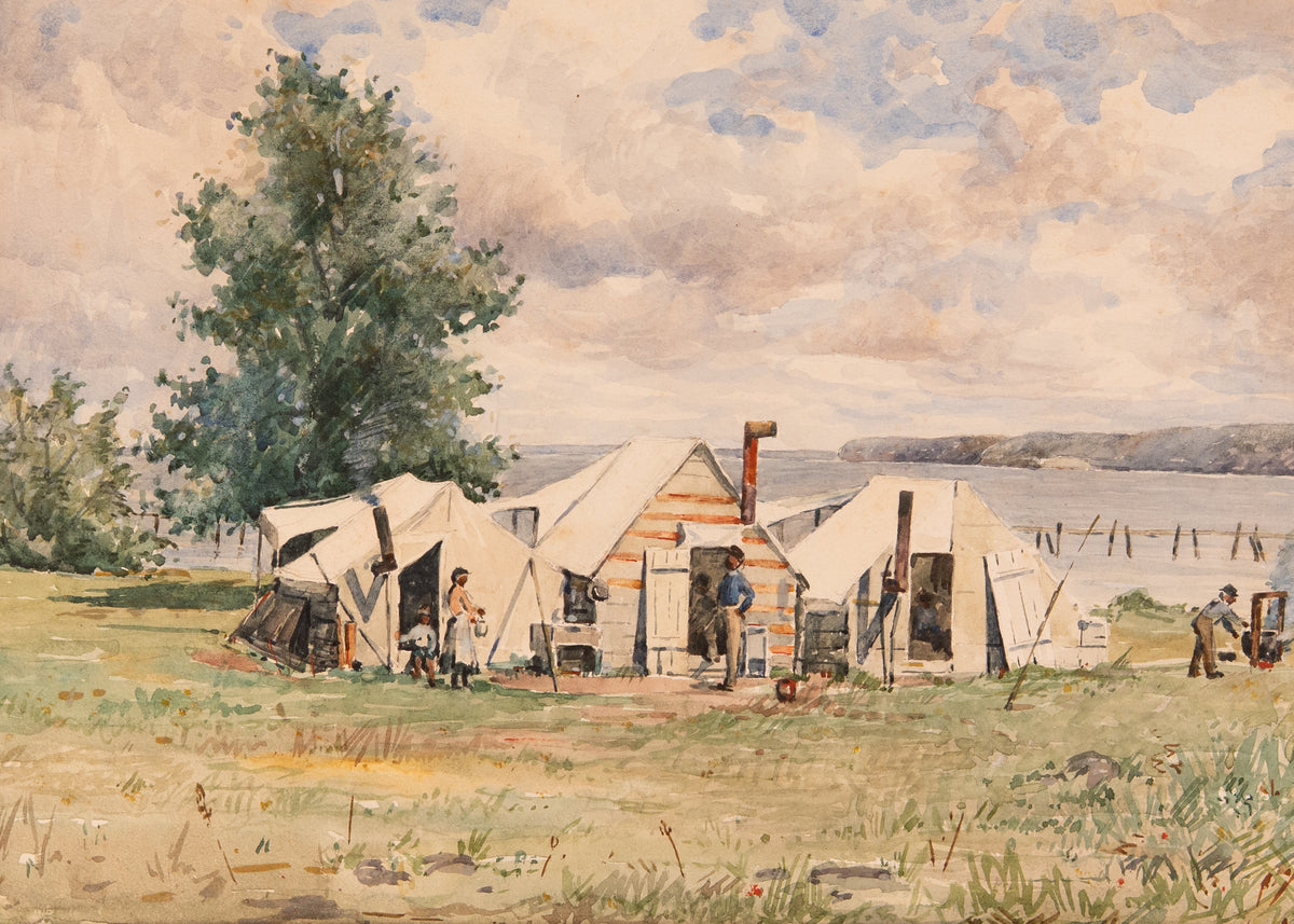 1861-63 CONTRABAND ENCAMPMENT. Undocumented First-Hand Watercolor of Freed Slave Camp.