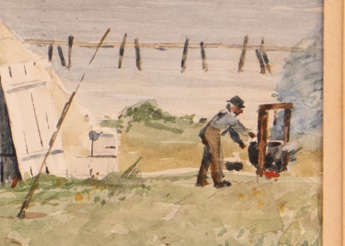 1861-63 CONTRABAND ENCAMPMENT. Undocumented First-Hand Watercolor of Freed Slave Camp.