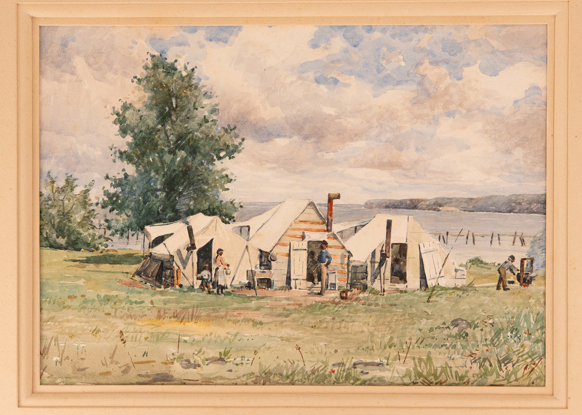 1861-63 CONTRABAND ENCAMPMENT. Undocumented First-Hand Watercolor of Freed Slave Camp.