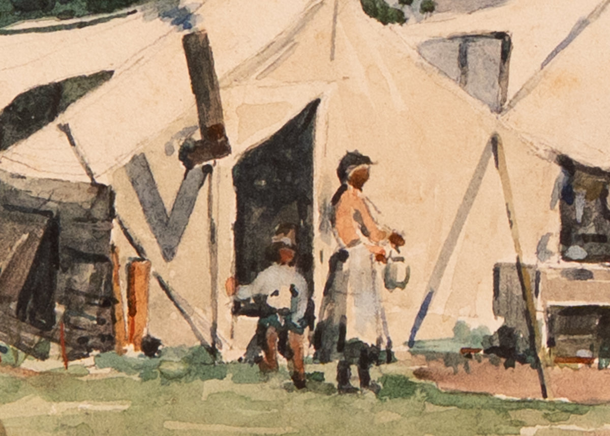 1861-63 CONTRABAND ENCAMPMENT. Undocumented First-Hand Watercolor of Freed Slave Camp.
