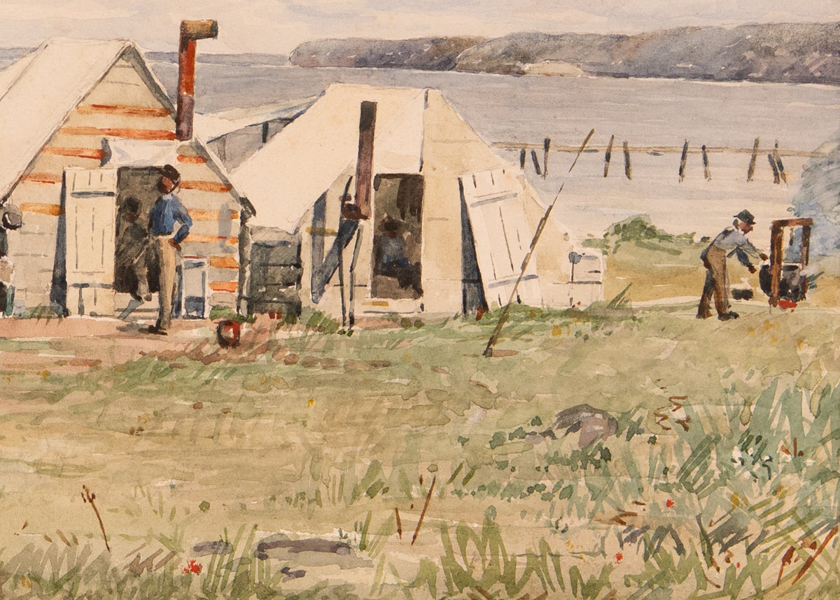 1861-63 CONTRABAND ENCAMPMENT. Undocumented First-Hand Watercolor of Freed Slave Camp.