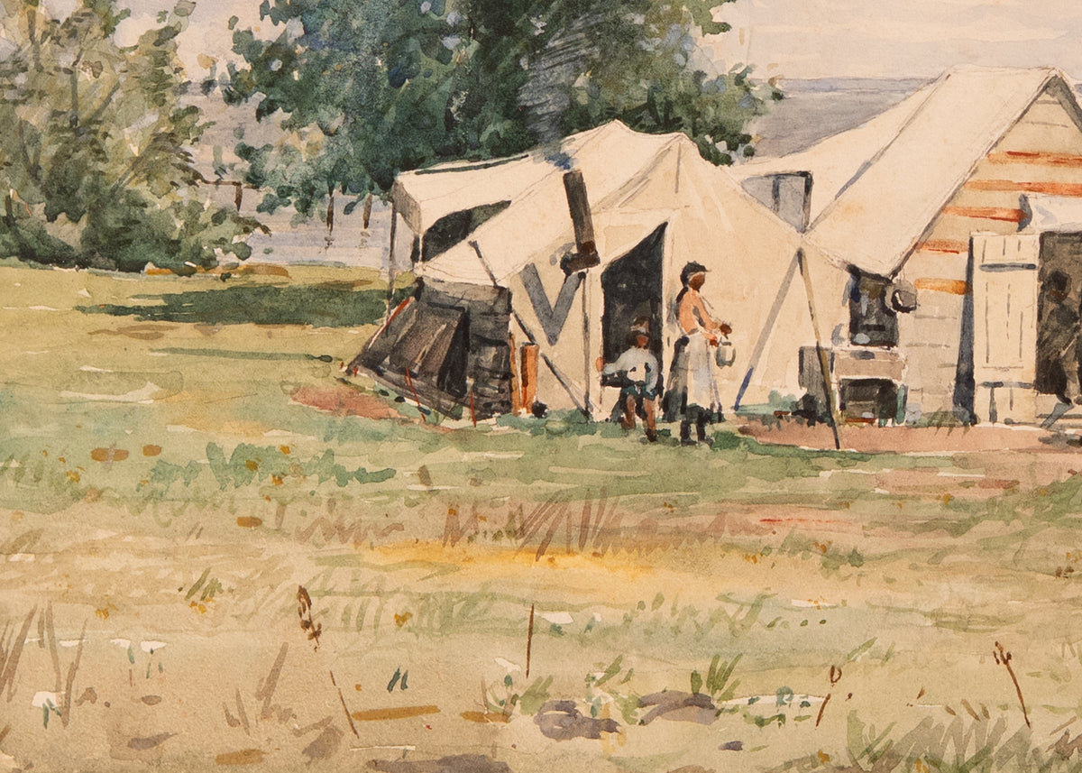 1861-63 CONTRABAND ENCAMPMENT. Undocumented First-Hand Watercolor of Freed Slave Camp.