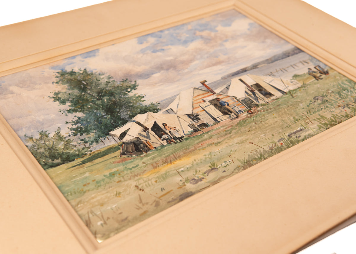 1861-63 CONTRABAND ENCAMPMENT. Undocumented First-Hand Watercolor of Freed Slave Camp.