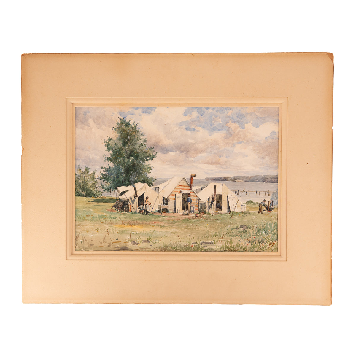 1861-63 CONTRABAND ENCAMPMENT. Undocumented First-Hand Watercolor of Freed Slave Camp.