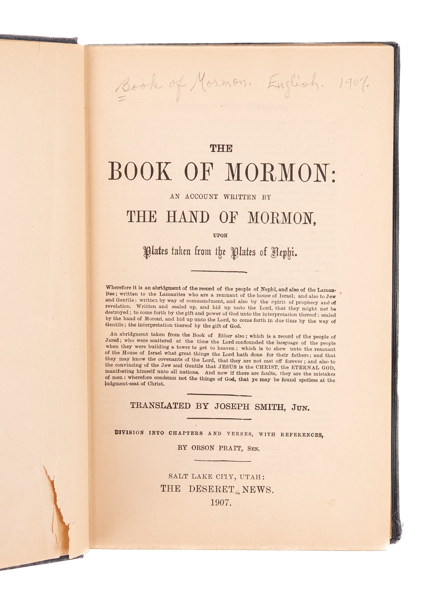 1907 JOSEPH SMITH. The Book of Mormon. Early Salt Lake City Edition.