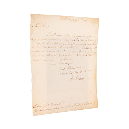 1789 MISSIONARY TO SLAVES IN BAHAMAS. Abolitionist Bishop of London, Bielby Porteus Requests Passage for First Missionary.