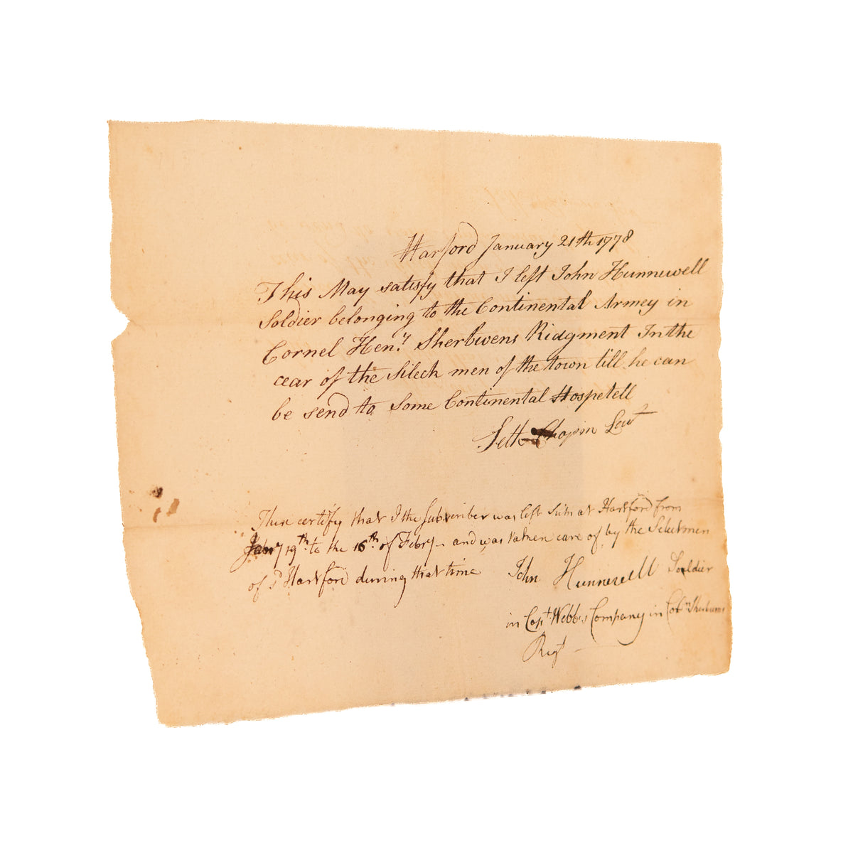 1778 TEENAGER AT BOSTON TEA PARTY. Now a Soldier Under Sherburne and in Need of a Hospital.