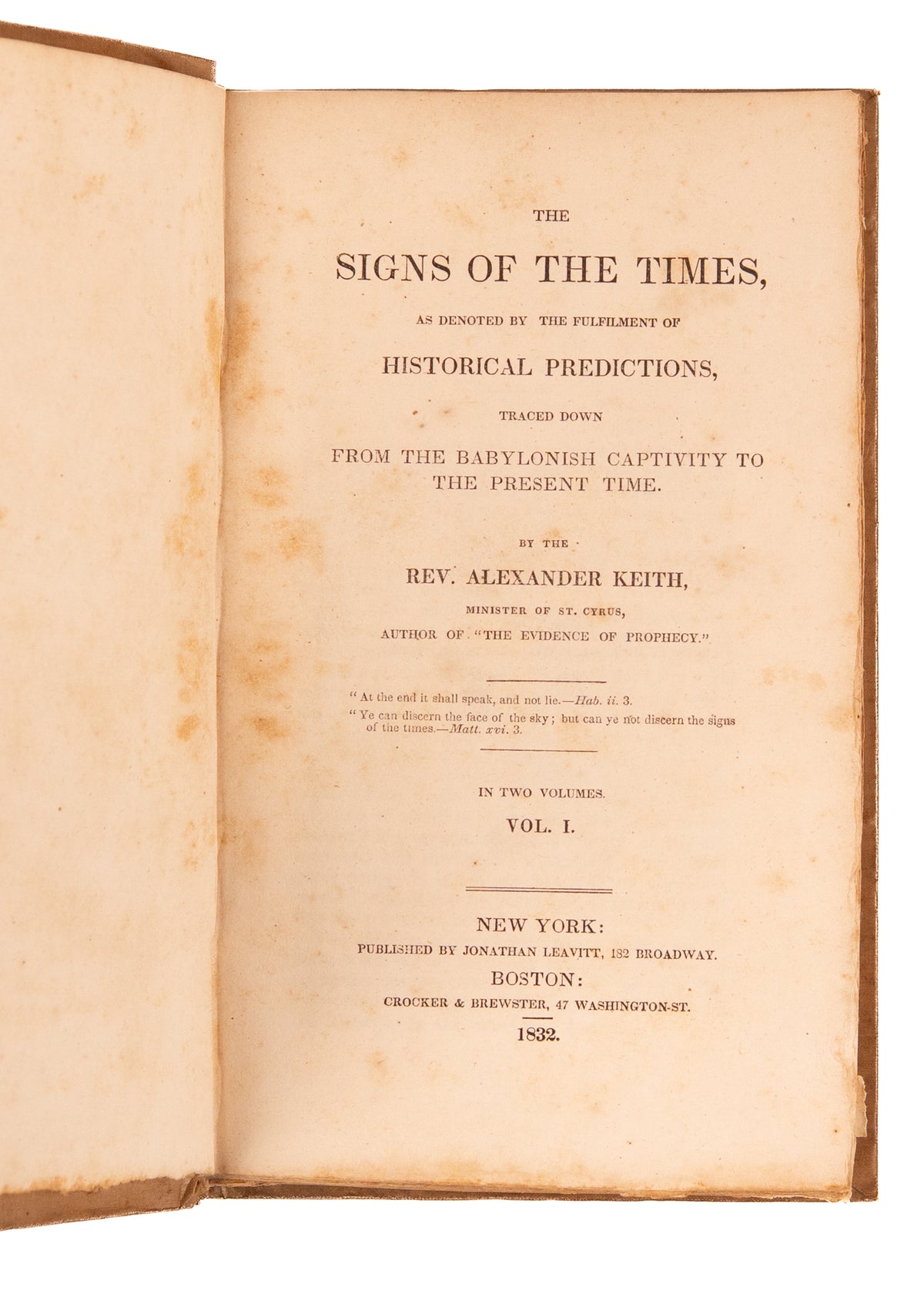 1832 ALEXANDER KEITH. First American Edition of Importanta Historicist Eschatology that Influenced Adventism &c.