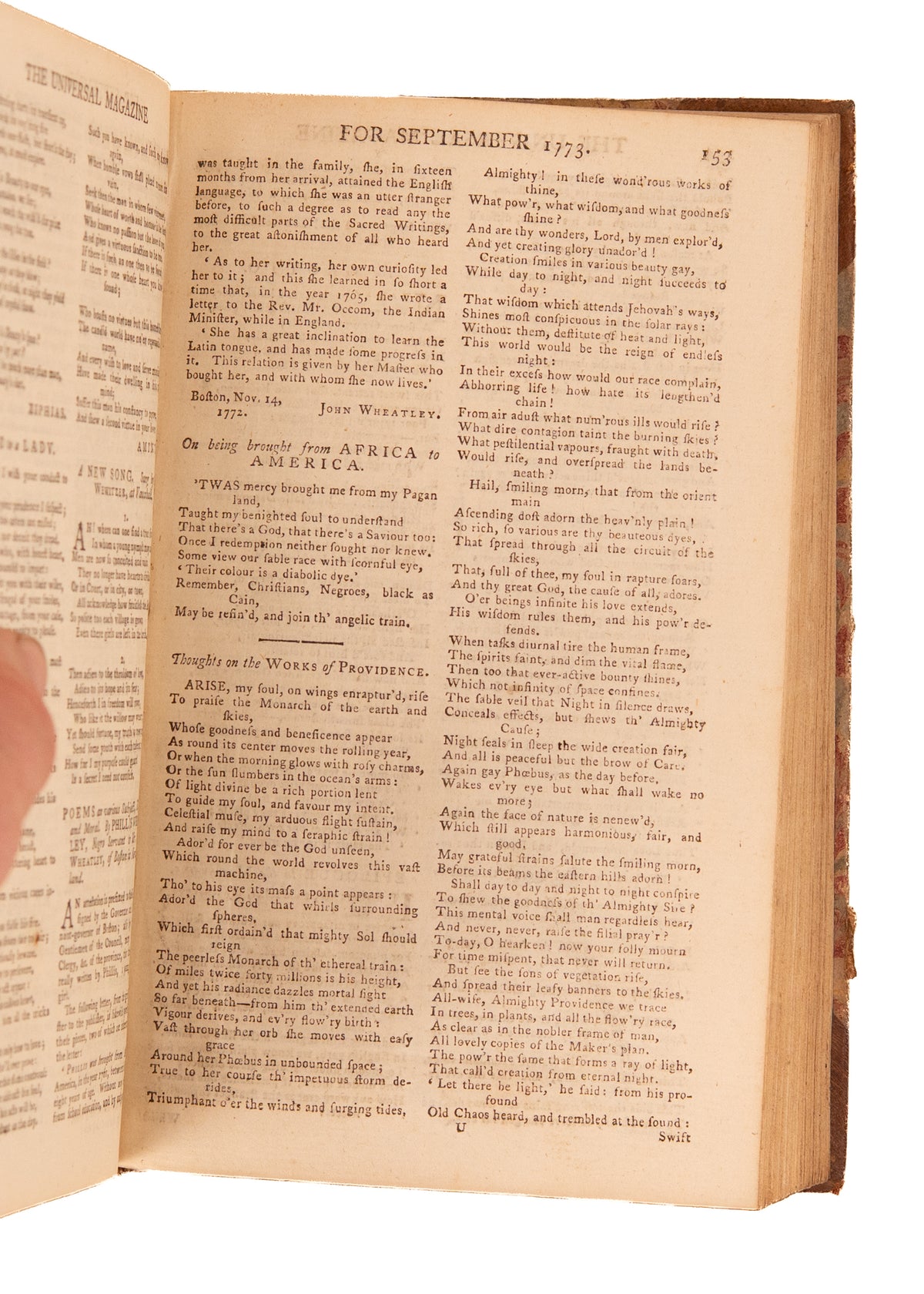 1773 PHILLIS WHEATLEY. On Being Brought from Africa to America in The Universal Magazine.