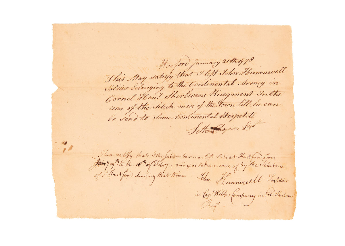 1778 TEENAGER AT BOSTON TEA PARTY. Now a Soldier Under Sherburne and in Need of a Hospital.