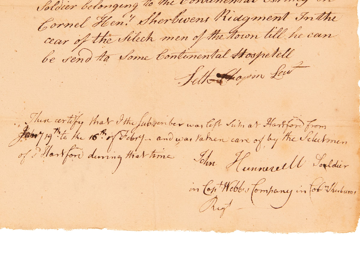 1778 TEENAGER AT BOSTON TEA PARTY. Now a Soldier Under Sherburne and in Need of a Hospital.