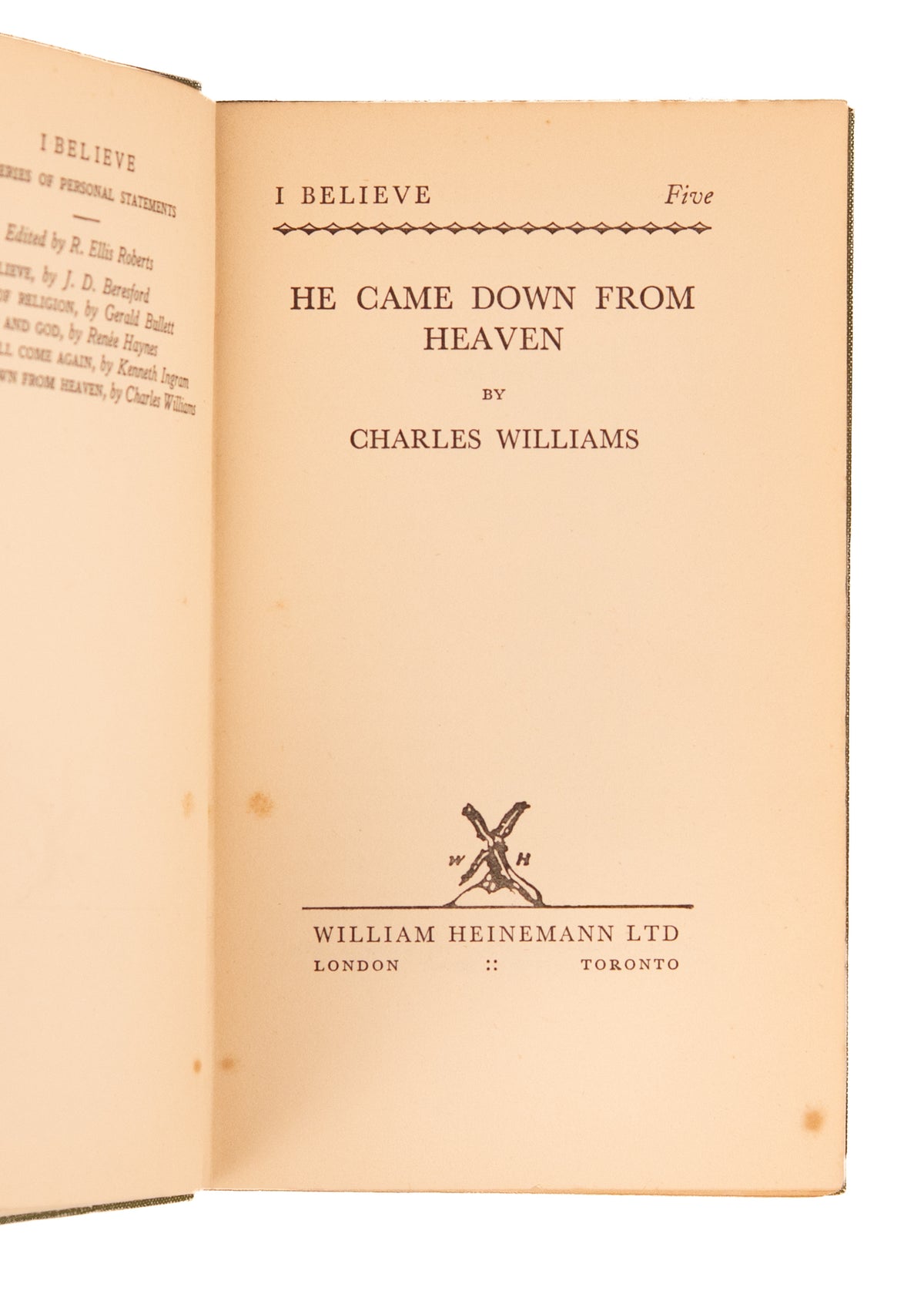 1938 CHARLES WILLIAMS - INKLINGS. He Came Down from Heaven. Signed First Edition. C. S. Lewis & Tolkien Influence.