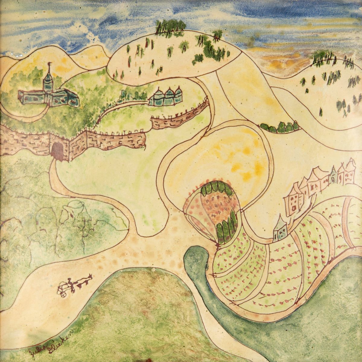 1960's J. R. R. TOLKIEN. Superb Enamel on Copper of Hobbiton Crafted in an American Interracial Peace Colony.