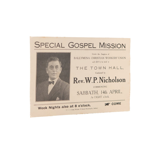 1930's REV. W. P. NICHOLSON. Special Gospel Mission 6"x4" Invite Card. Rare Irish Revivalist.