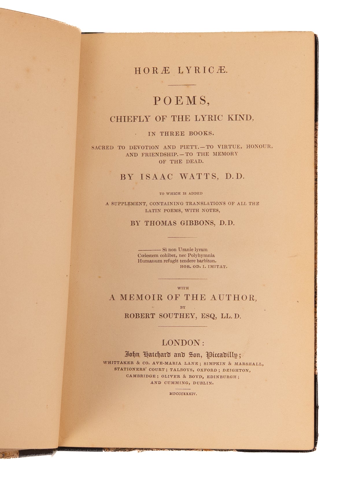 1834 ISAAC WATTS. Horae Lyricae. Poems on Piety, Devotion, Friendship, and Death. Fine Half Leather.