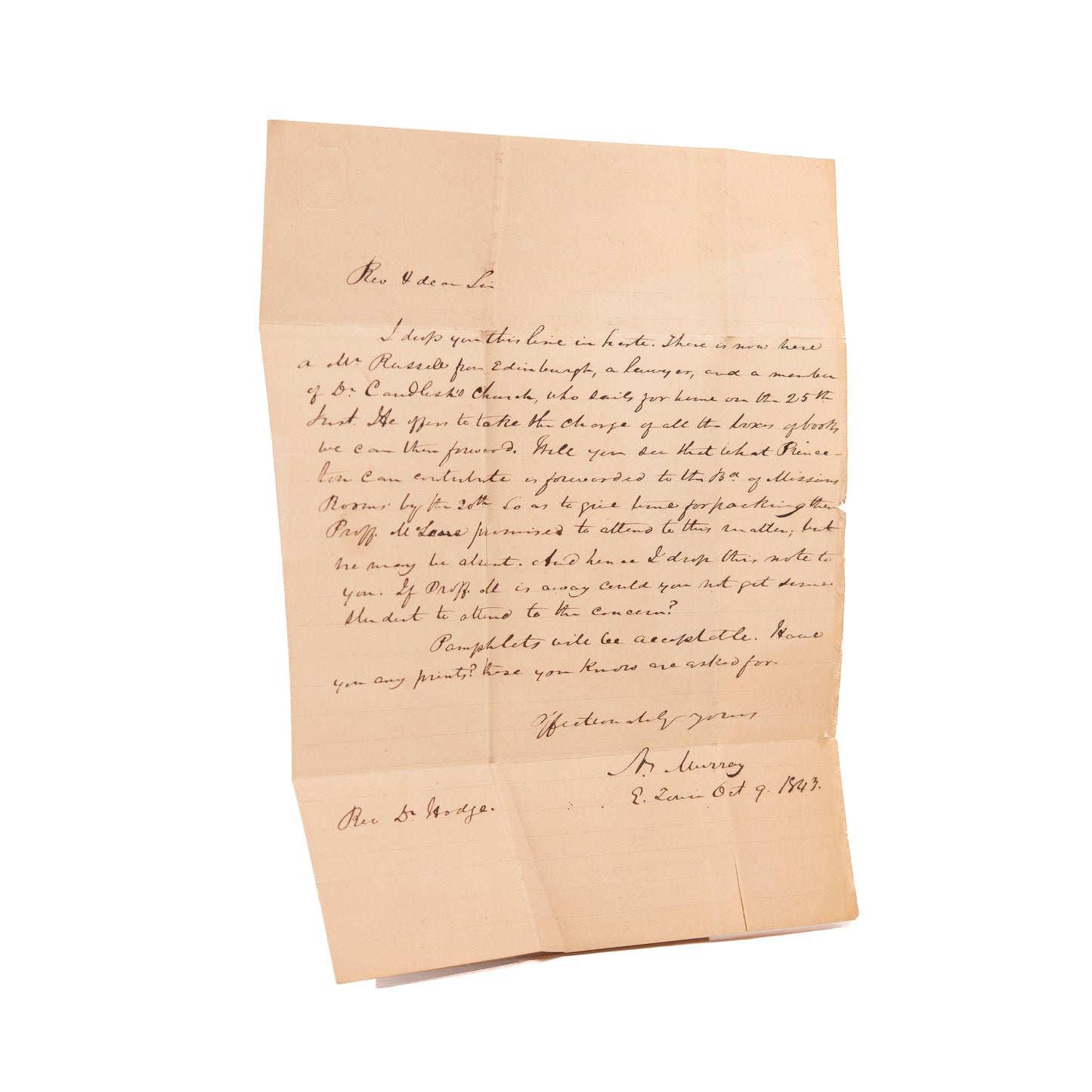 1843 CHARLES HODGE. Letter from Presbyterian Board of Missions to Charles Hodge of Princeton.