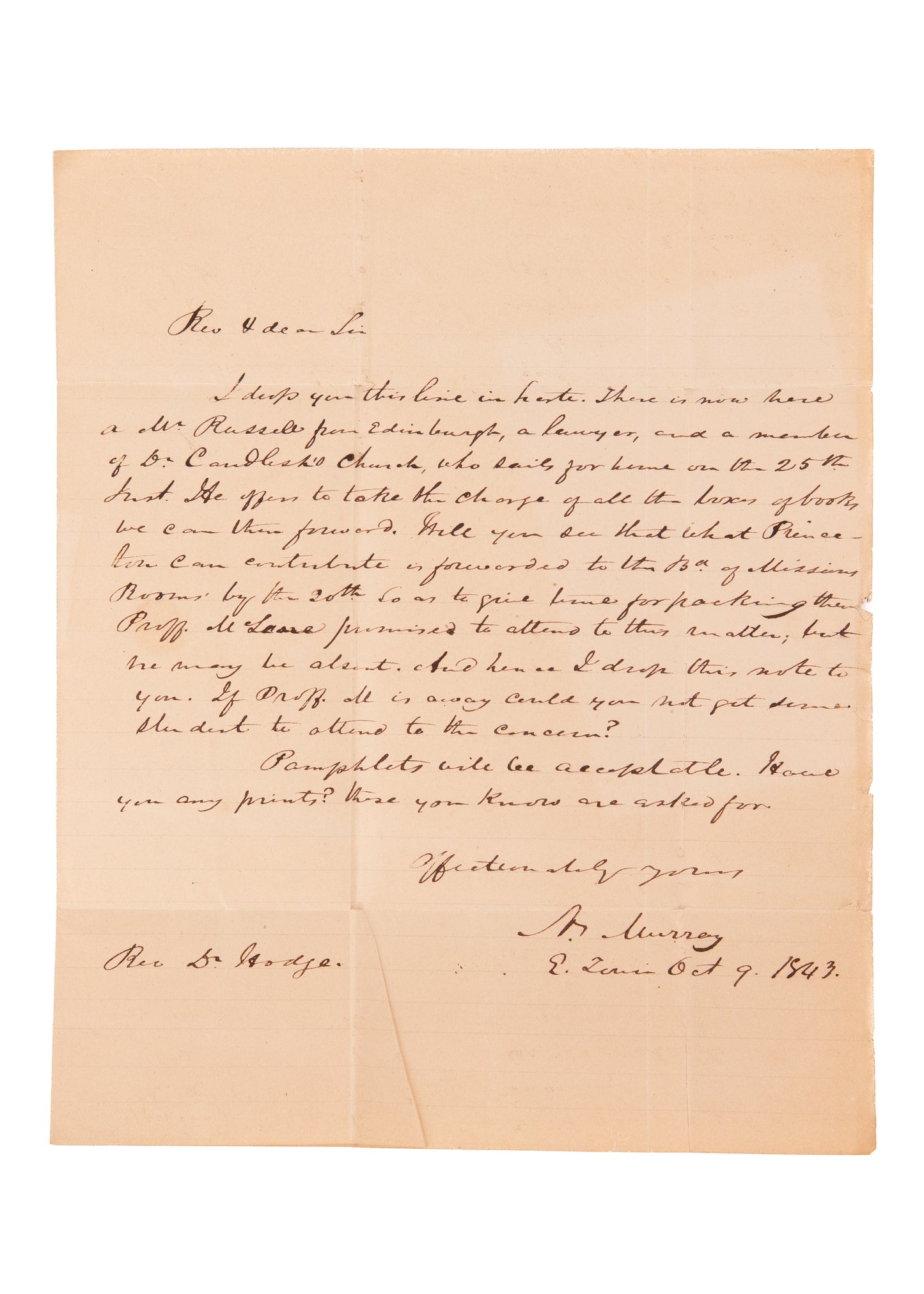1843 CHARLES HODGE. Letter from Presbyterian Board of Missions to Charles Hodge of Princeton.