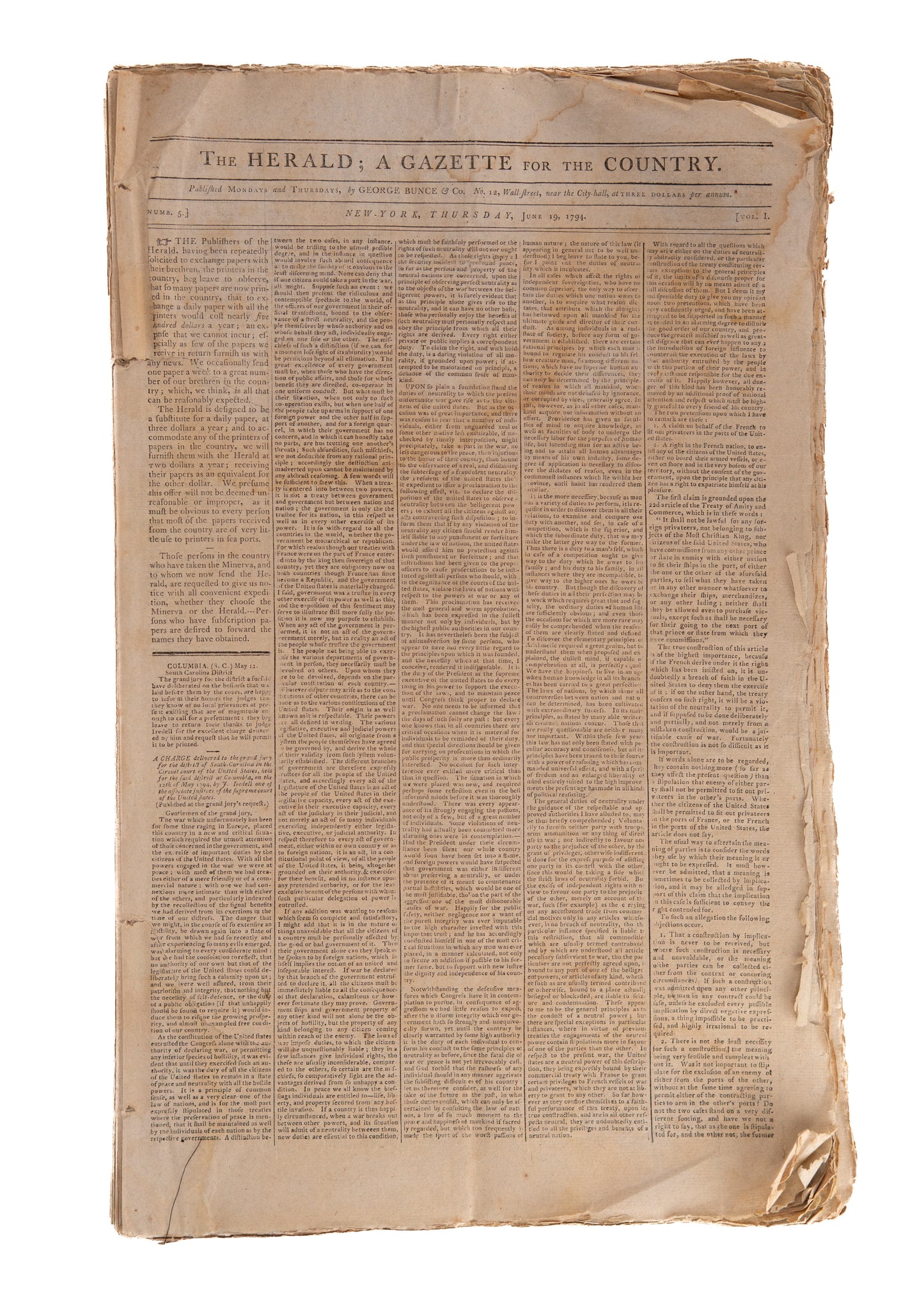 1794 GEORGE WASHINGTON &c. 125 Issues of The Herald. Whiskey Rebellion, Indian Wars, Slavery, &c.