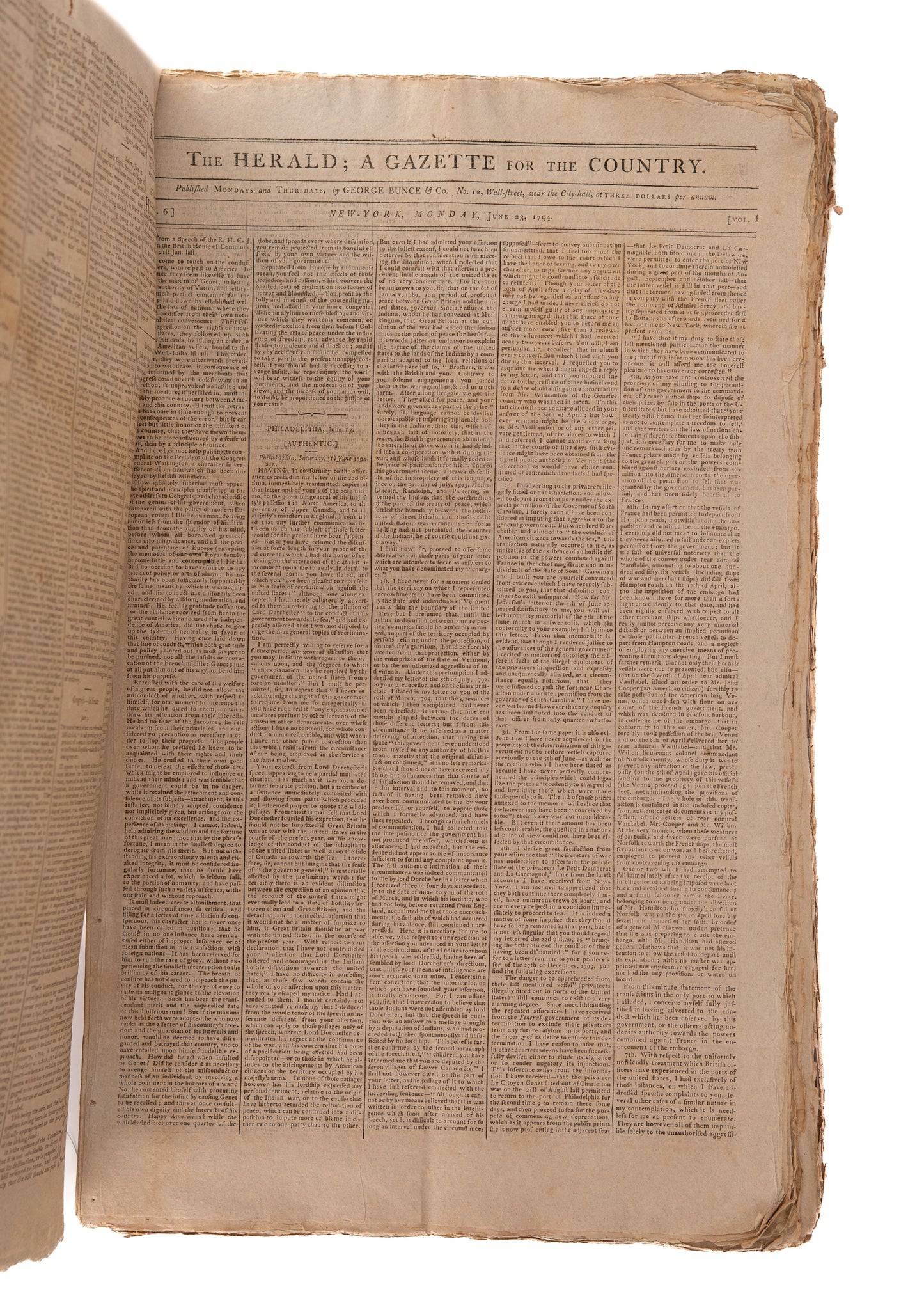 1794 GEORGE WASHINGTON &c. 125 Issues of The Herald. Whiskey Rebellion, Indian Wars, Slavery, &c.