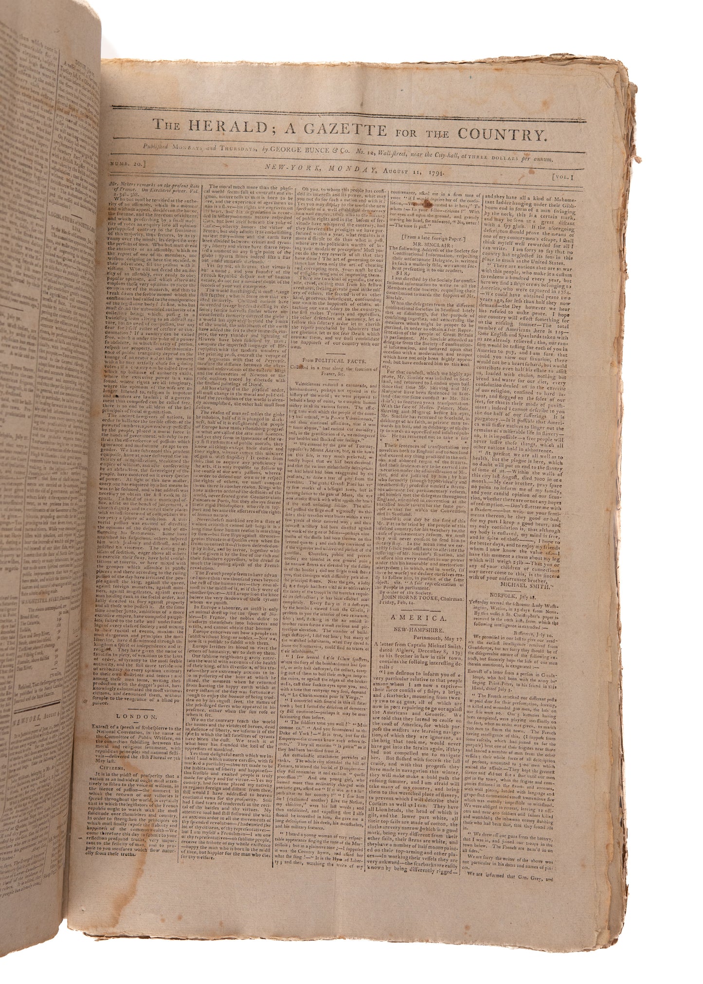 1794 GEORGE WASHINGTON &c. 125 Issues of The Herald. Whiskey Rebellion, Indian Wars, Slavery, &c.