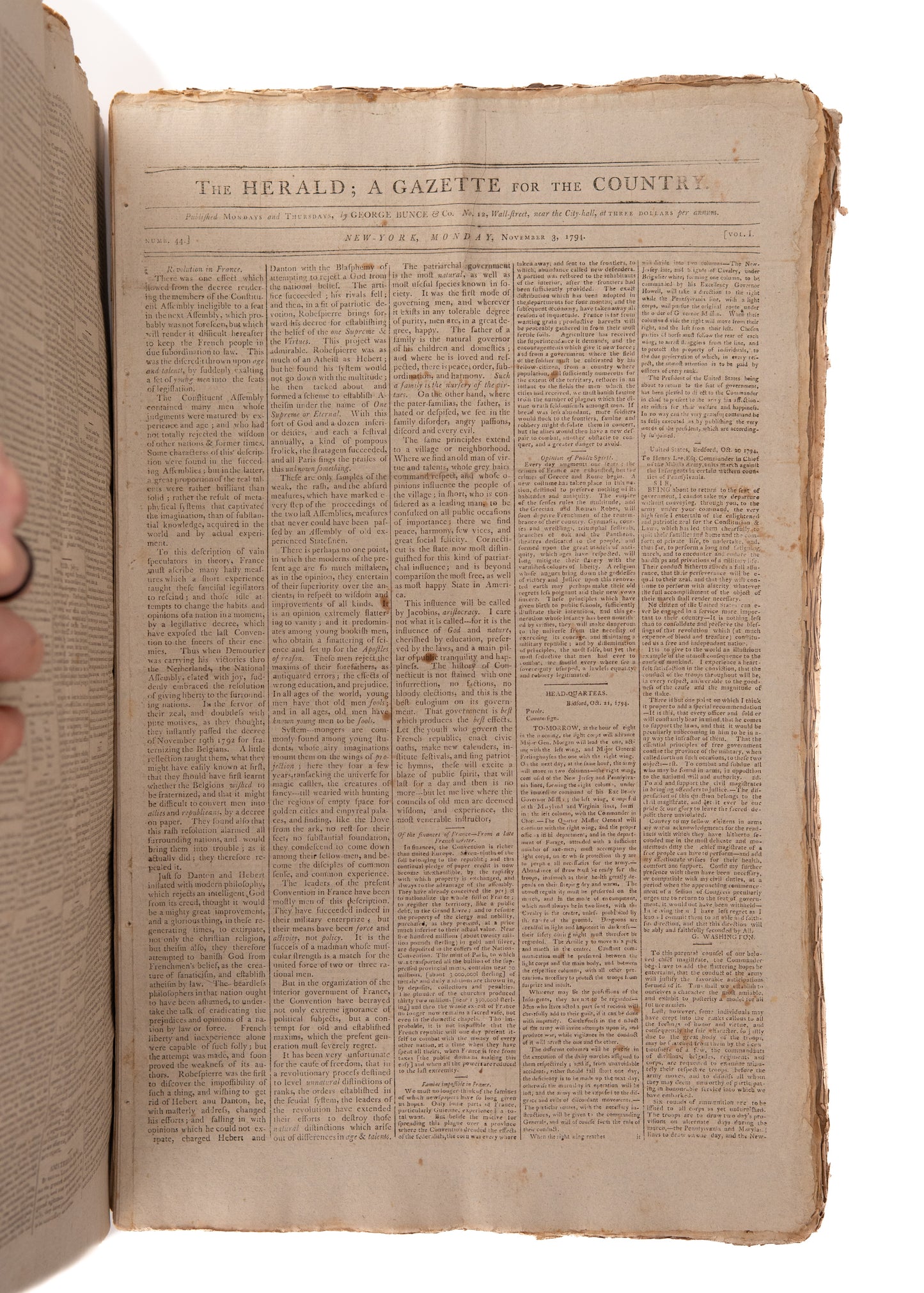 1794 GEORGE WASHINGTON &c. 125 Issues of The Herald. Whiskey Rebellion, Indian Wars, Slavery, &c.