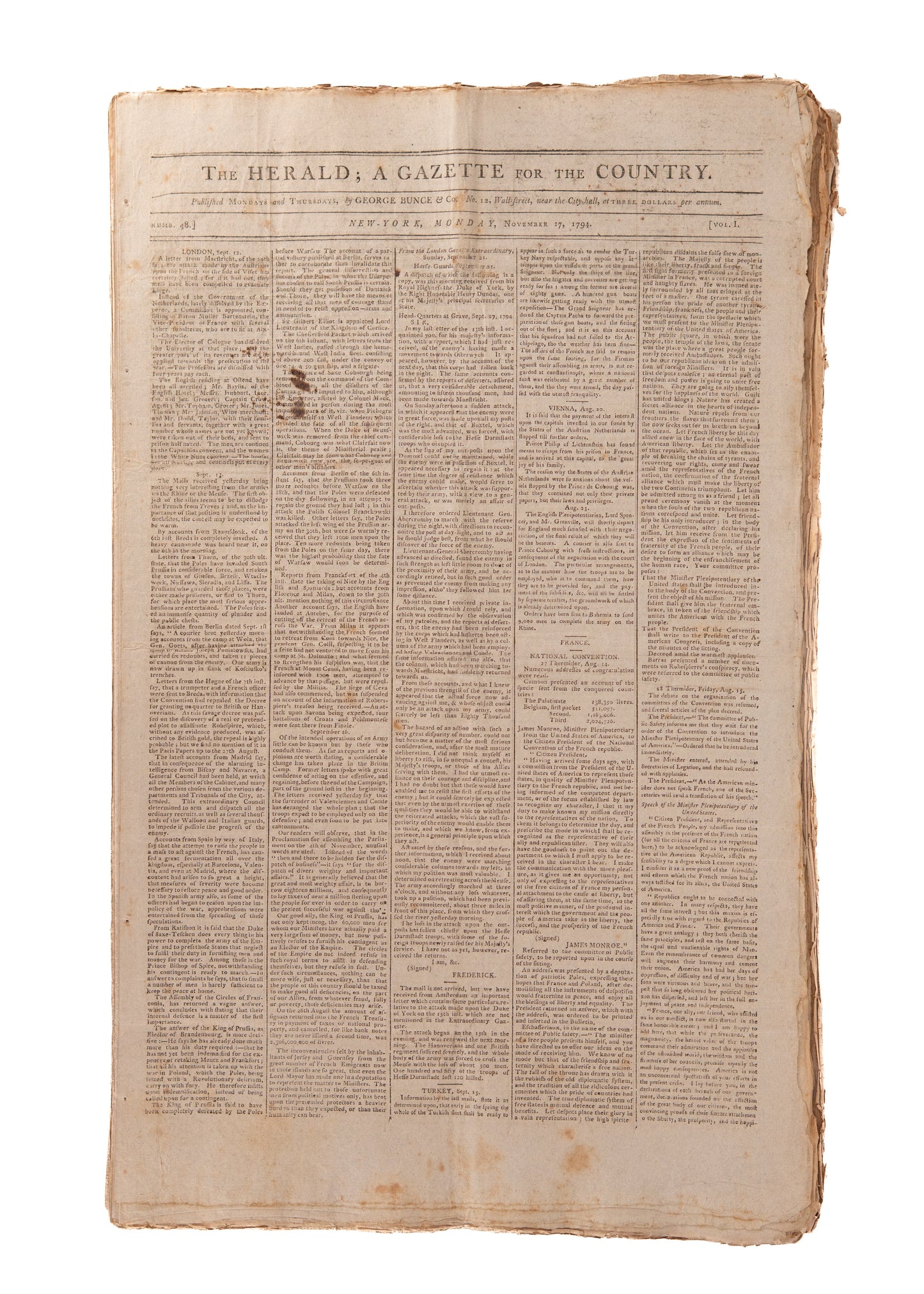 1794 GEORGE WASHINGTON &c. 125 Issues of The Herald. Whiskey Rebellion, Indian Wars, Slavery, &c.