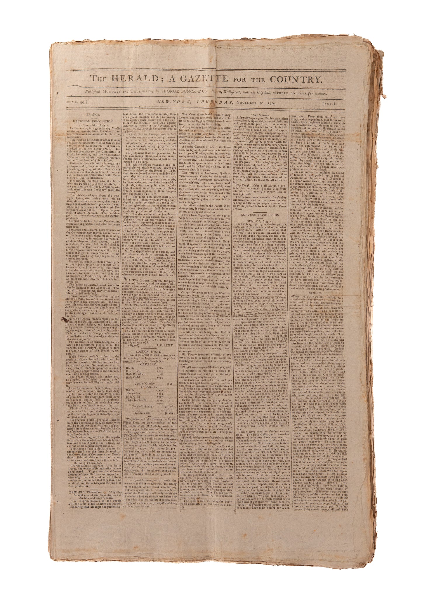 1794 GEORGE WASHINGTON &c. 125 Issues of The Herald. Whiskey Rebellion, Indian Wars, Slavery, &c.