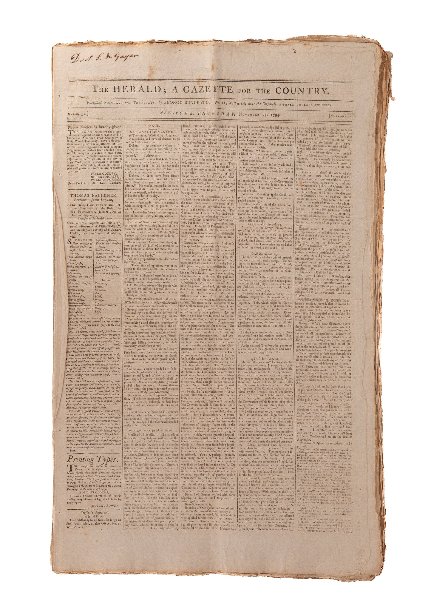 1794 GEORGE WASHINGTON &c. 125 Issues of The Herald. Whiskey Rebellion, Indian Wars, Slavery, &c.
