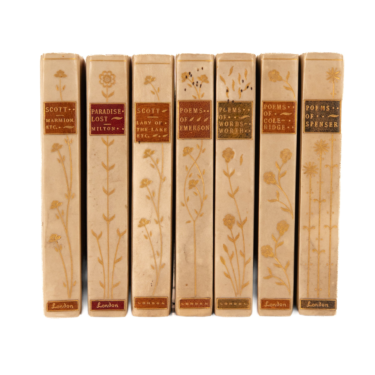c.1900 CANTERBURY POETS. Emerson, Wordsworth, Coleridge, & Scott in Superb Arts & Crafts Vellum Bindings.