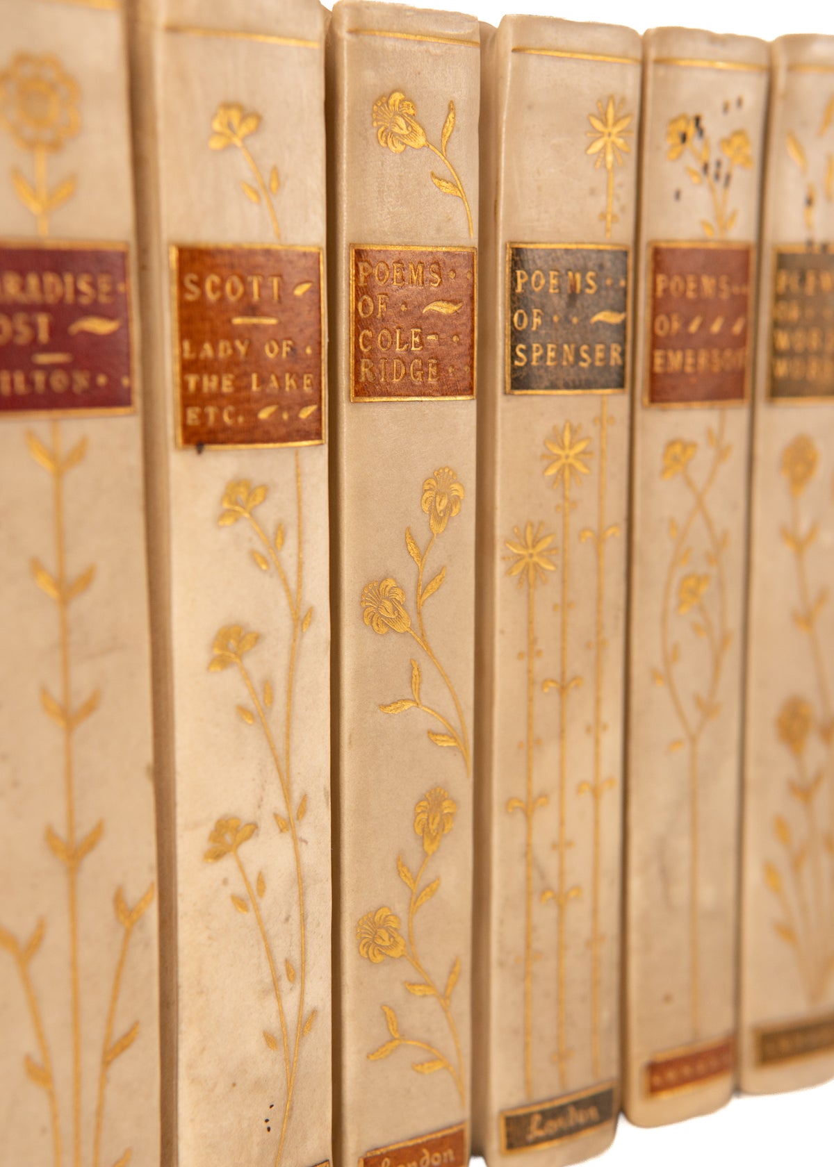 c.1900 CANTERBURY POETS. Emerson, Wordsworth, Coleridge, & Scott in Superb Arts & Crafts Vellum Bindings.