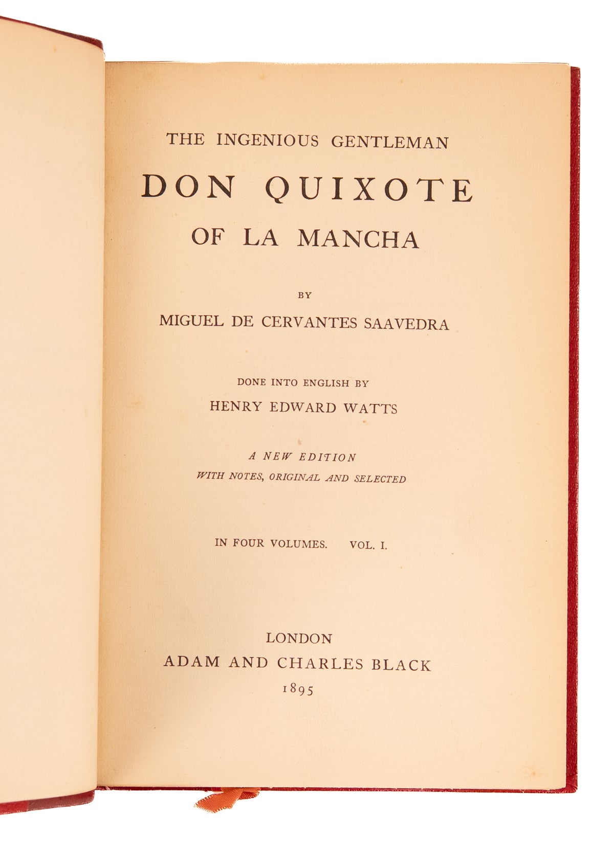 1895 DON QUIXOTE. Superb Scholarly Translation of "The First Modern Novel" in Fine Crimson Leather Bindings.