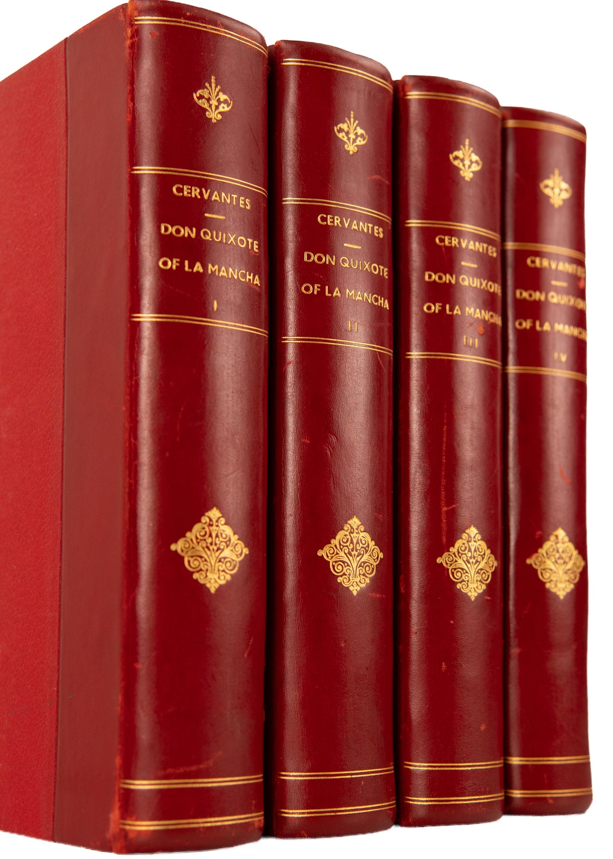 1895 DON QUIXOTE. Superb Scholarly Translation of "The First Modern Novel" in Fine Crimson Leather Bindings.