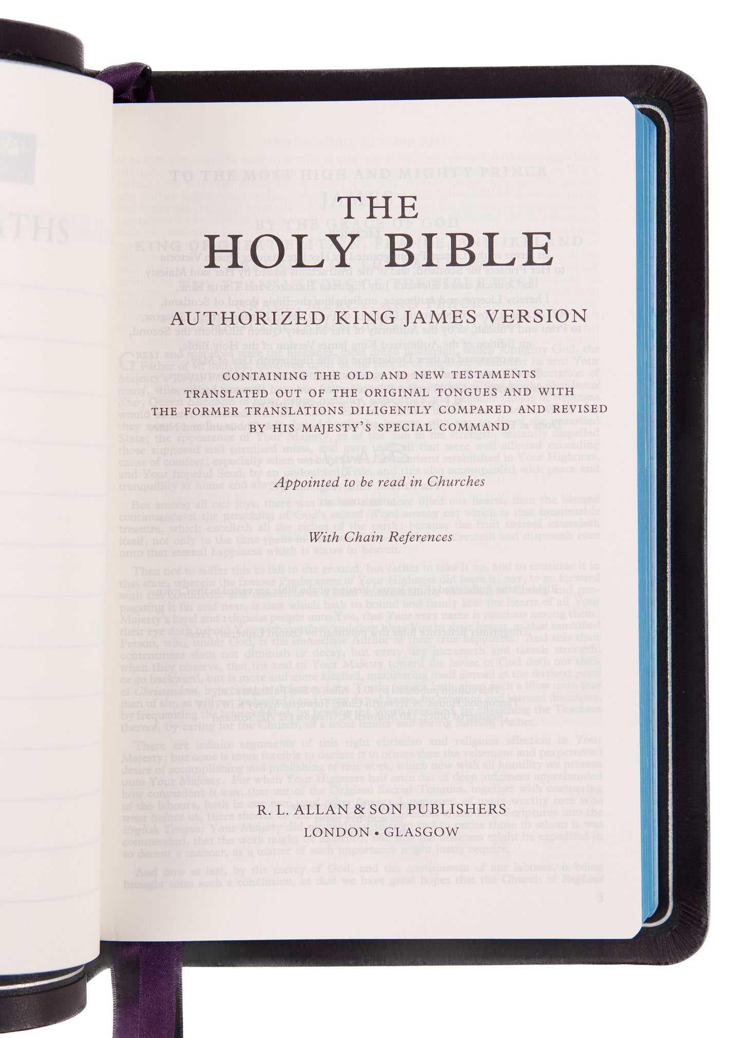 ALLAN & SON BIBLE. Superb Meriva Calfskin King James Bible in Deep Purple w/ Silver Detail.