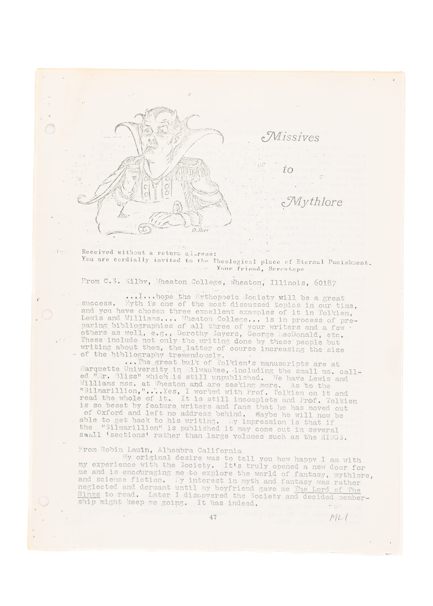 1969 J. R. R. TOLKIEN & INKLINGS. Mythlore: The Journal by the Mythopoeic Society. Issue 1.