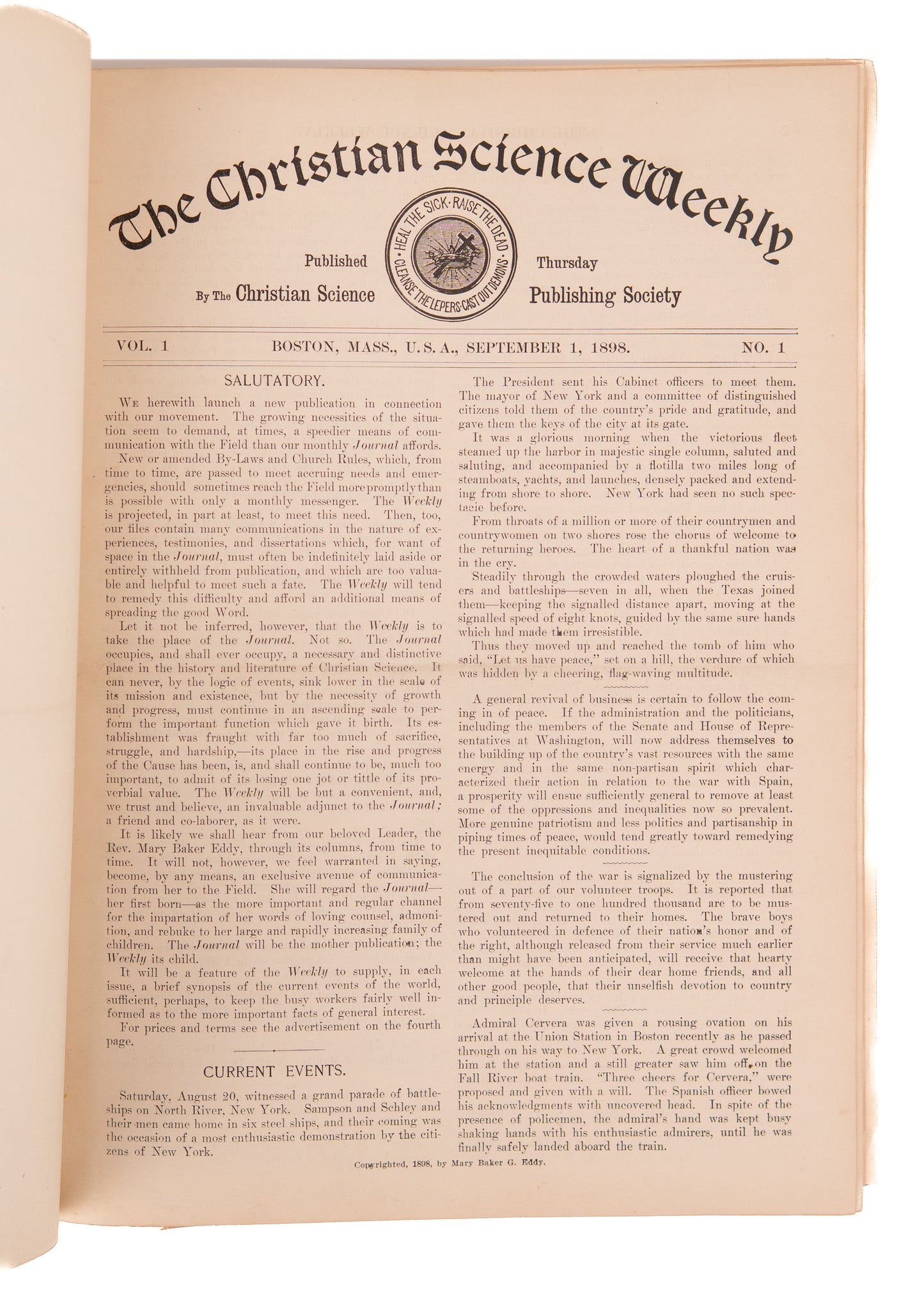 1898-1899 MARY BAKER EDDY. Rare Full First Year of The Christian Science Sentinel. Faith Healing, Anti-Vaccination.