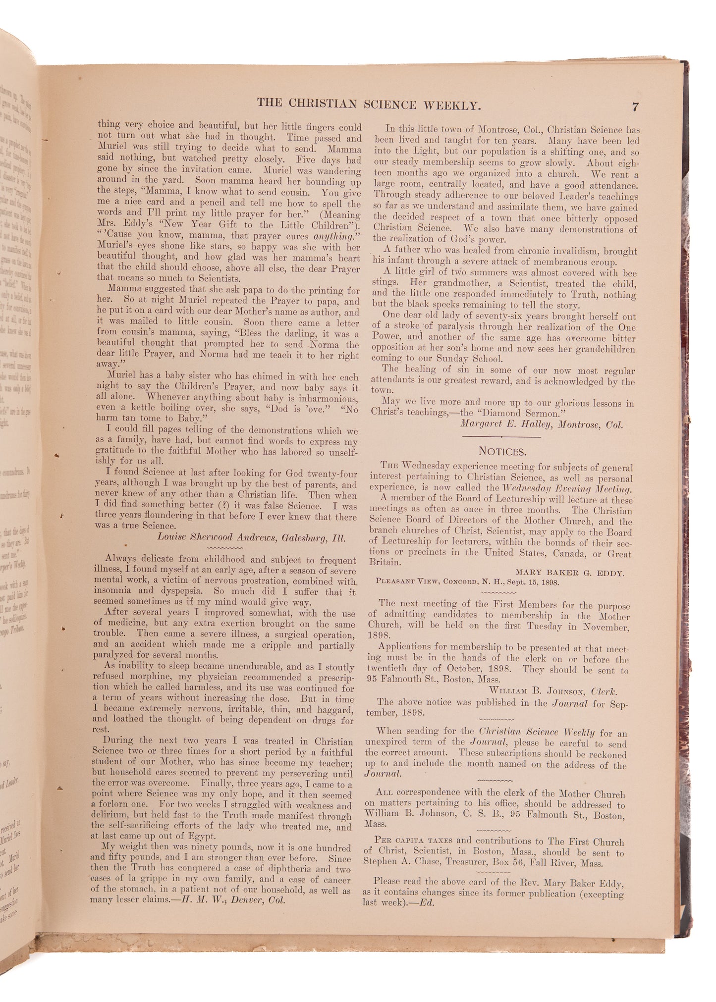 1898-1899 MARY BAKER EDDY. Rare Full First Year of The Christian Science Sentinel. Faith Healing, Anti-Vaccination.