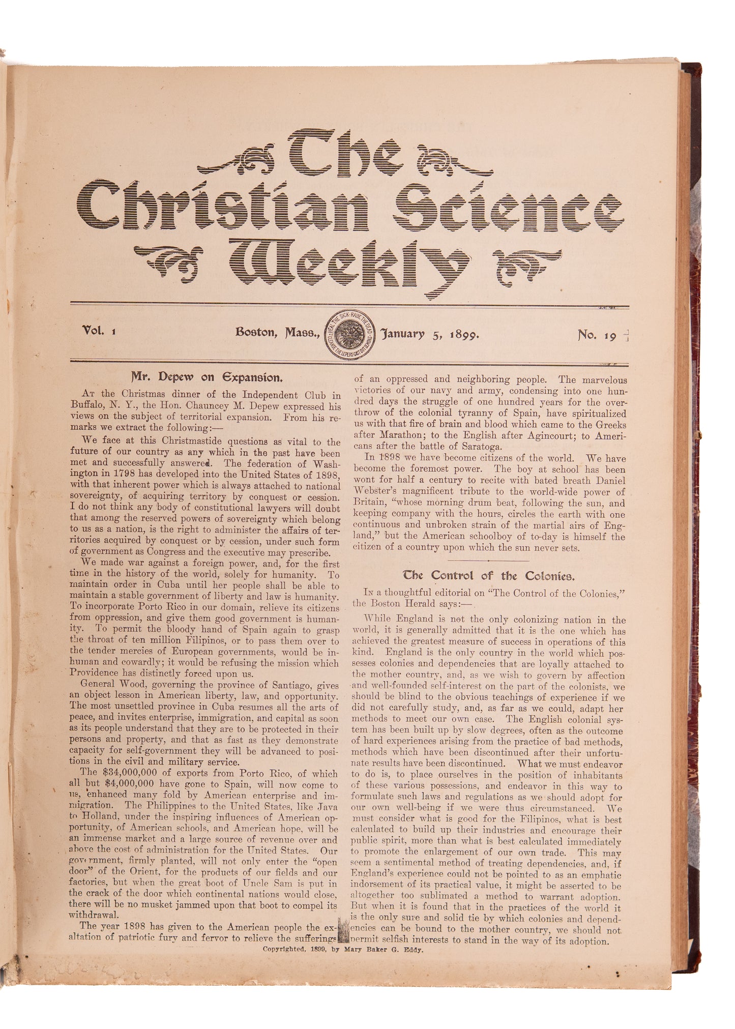 1898-1899 MARY BAKER EDDY. Rare Full First Year of The Christian Science Sentinel. Faith Healing, Anti-Vaccination.