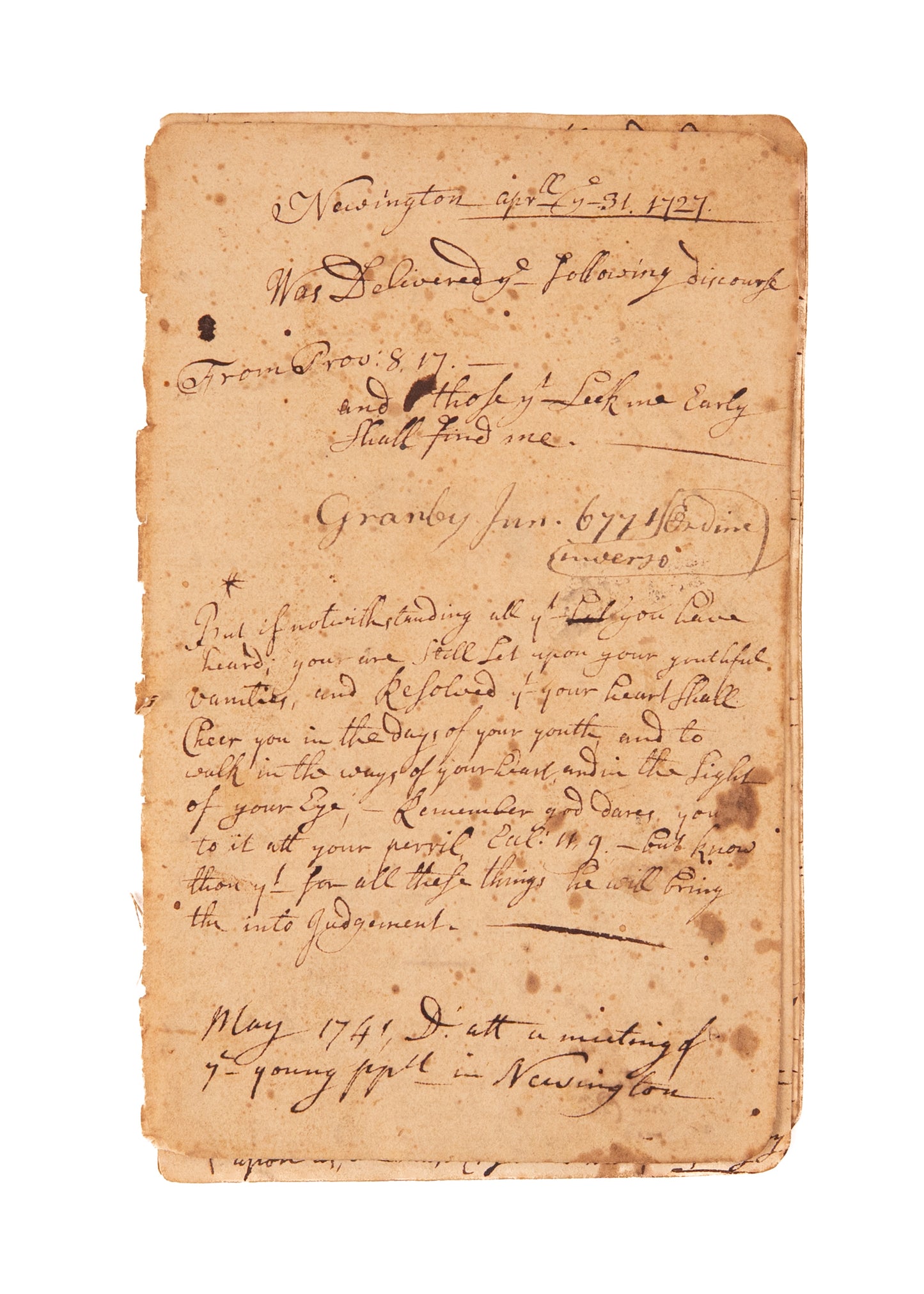 1727 JONATHAN EWARDS. 1727 MSs Sermon on Early Piety by Jonathan Edwards' Brother-in-Law, Samuel Backus.