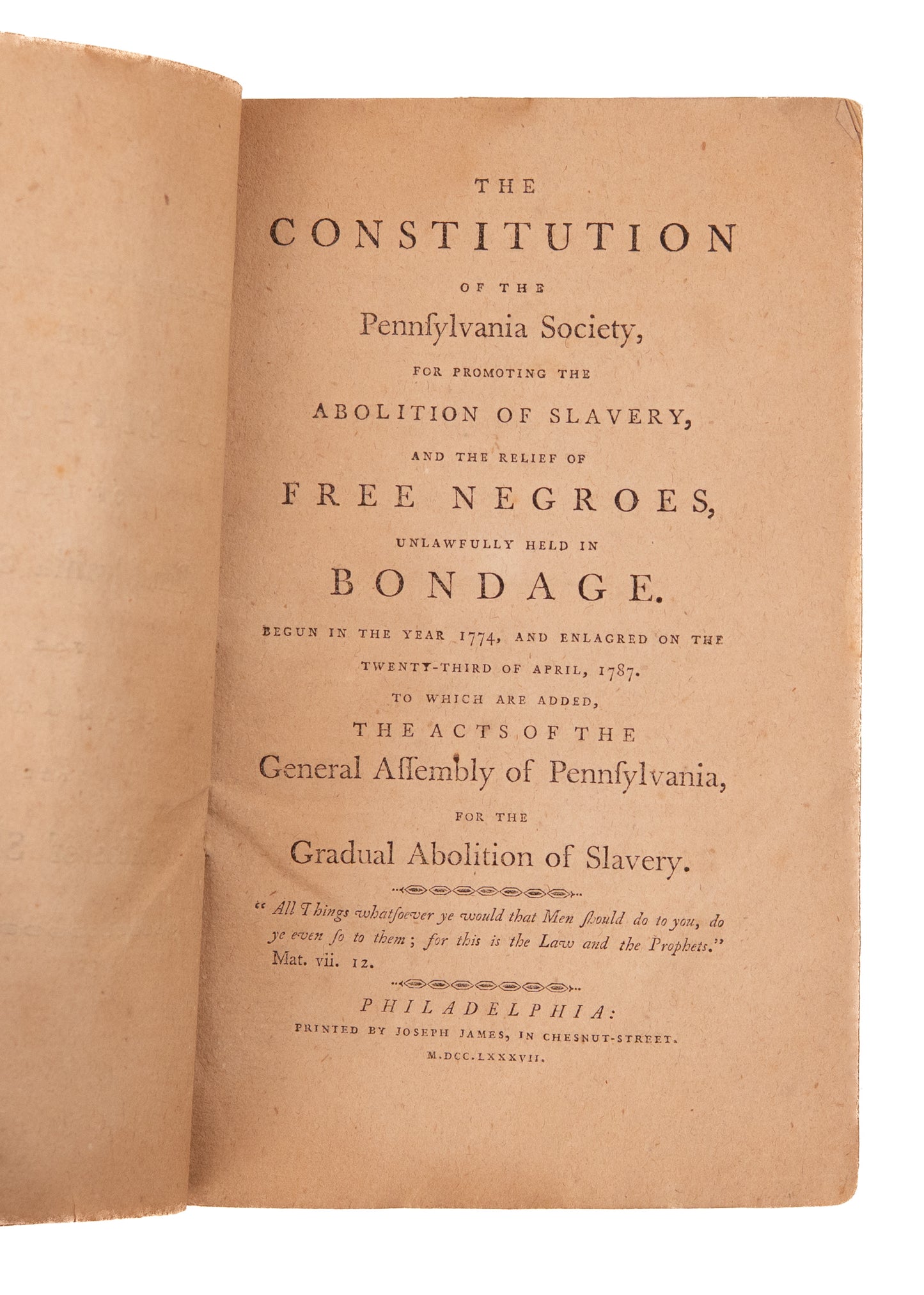 1787 BENJAMIN FRANKLIN & SLAVERY. Constitution of Oldest Abolitionist Society in America w/ Franklin as President.