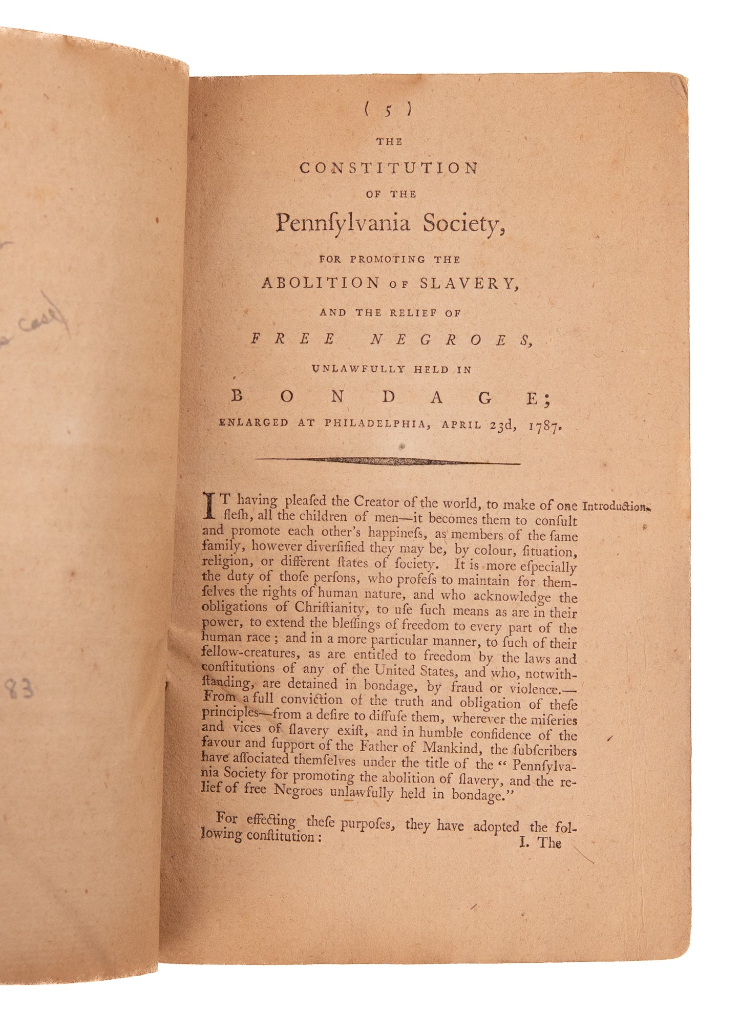 1787 BENJAMIN FRANKLIN & SLAVERY. Constitution of Oldest Abolitionist Society in America w/ Franklin as President.