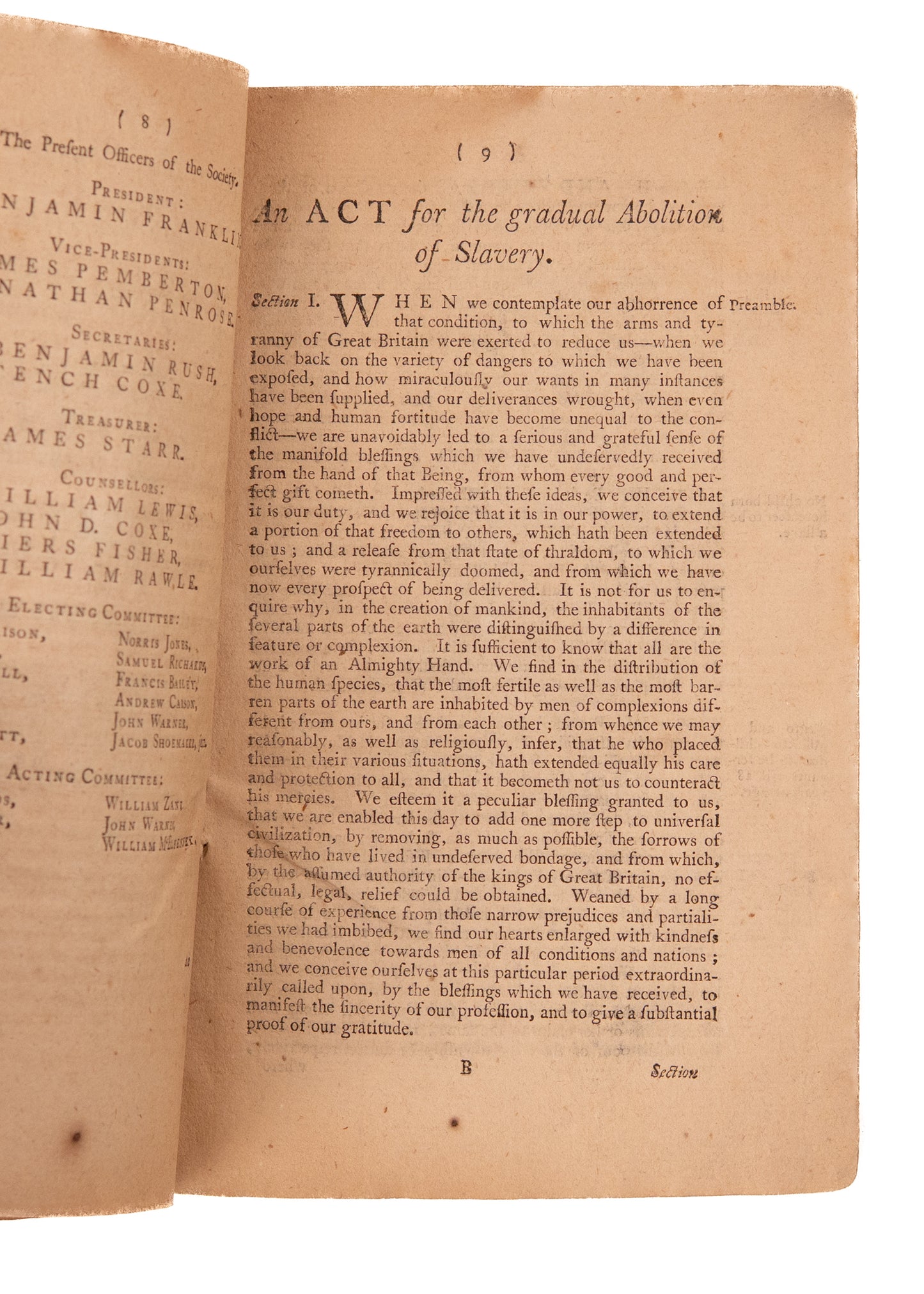 1787 BENJAMIN FRANKLIN & SLAVERY. Constitution of Oldest Abolitionist Society in America w/ Franklin as President.