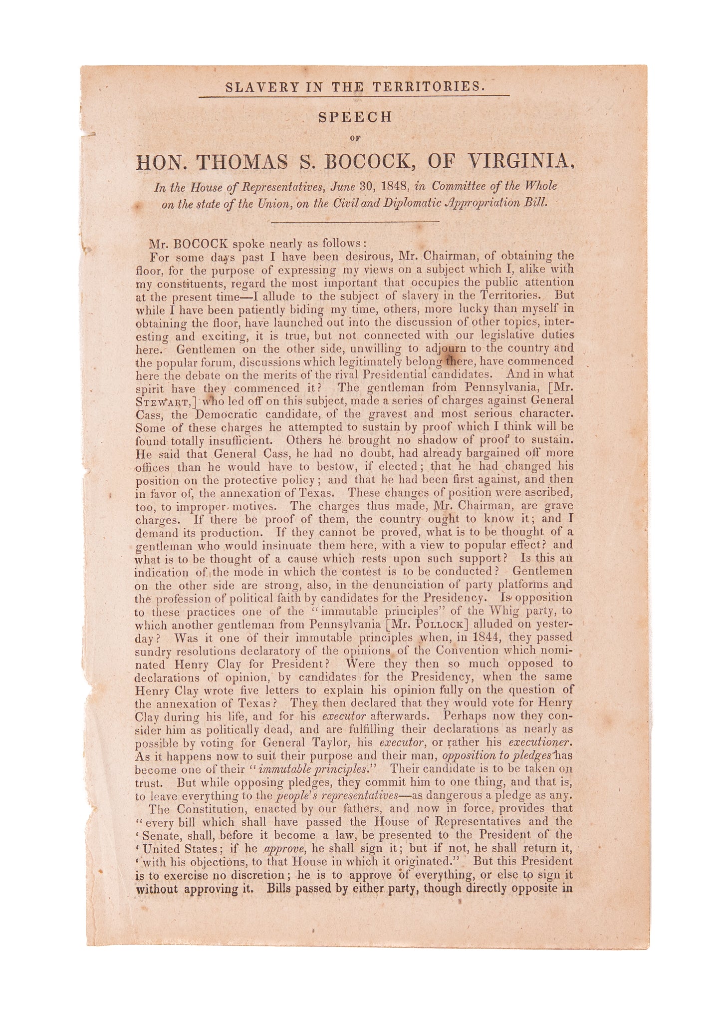 1848 THOMAS S. BOCOCK. Pro-Slavery Speech by Speaker of the House in the Confederacy.