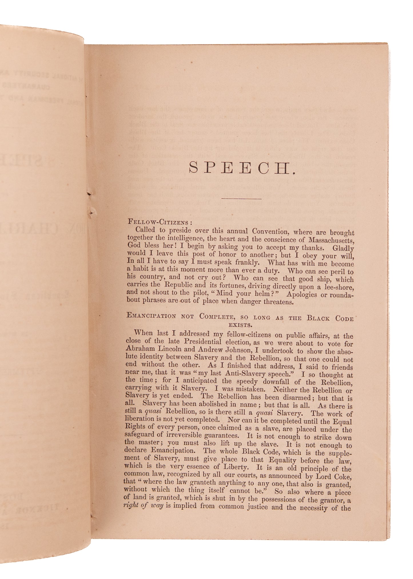 1865 CHARLES SUMNER. Warns Republicans Slavery Continuing under Racist Policies & Non-Citizenship