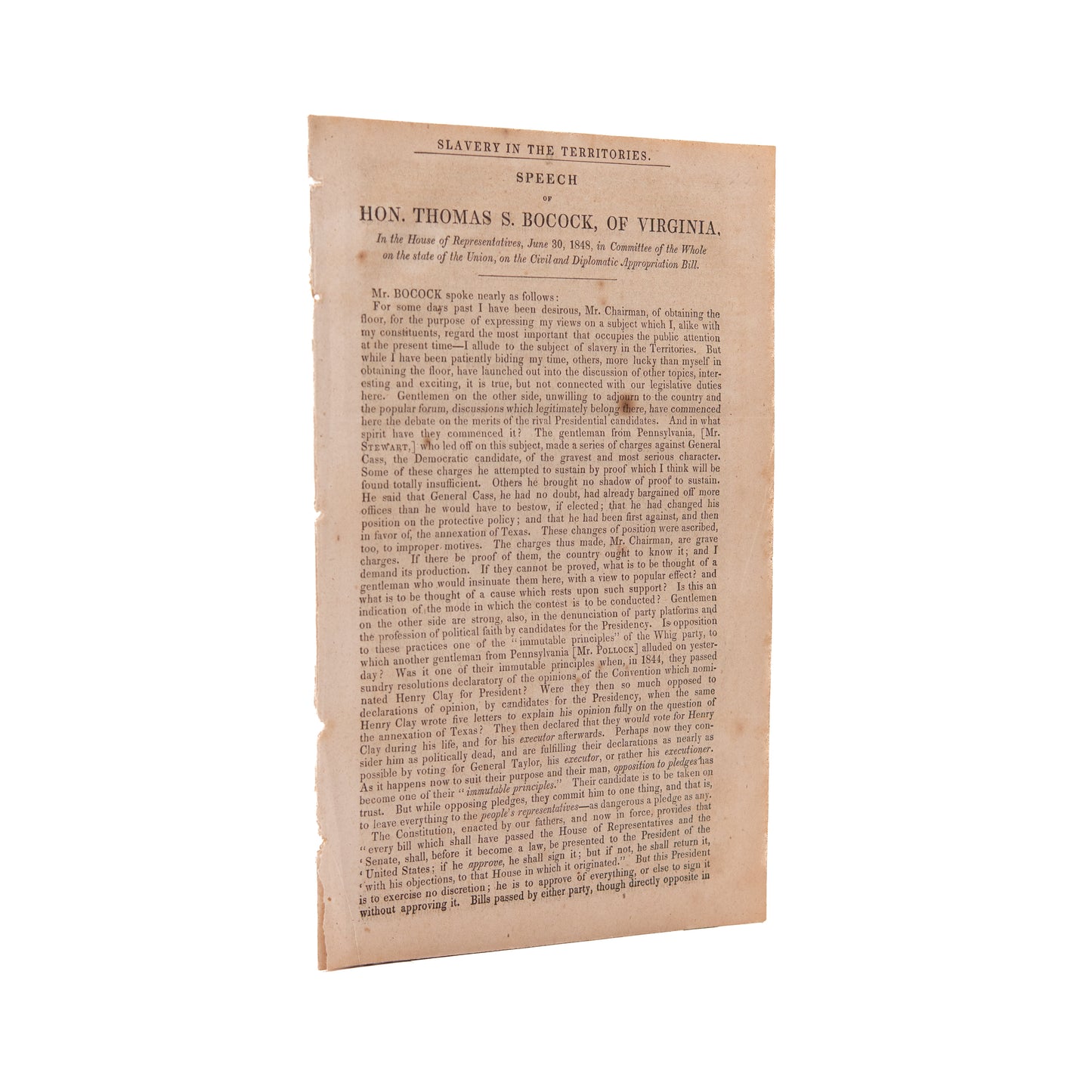 1848 THOMAS S. BOCOCK. Pro-Slavery Speech by Speaker of the House in the Confederacy.