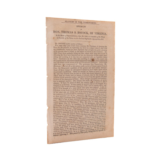 1848 THOMAS S. BOCOCK. Pro-Slavery Speech by Speaker of the House in the Confederacy.