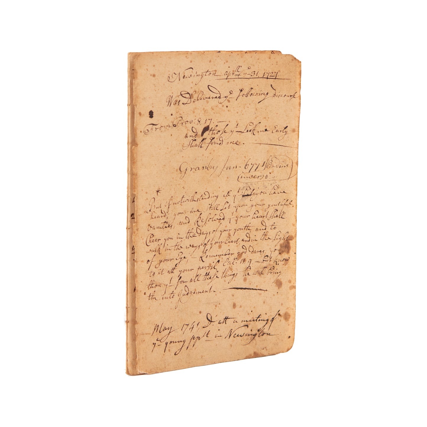 1727 JONATHAN EWARDS. 1727 MSs Sermon on Early Piety by Jonathan Edwards' Brother-in-Law, Samuel Backus.