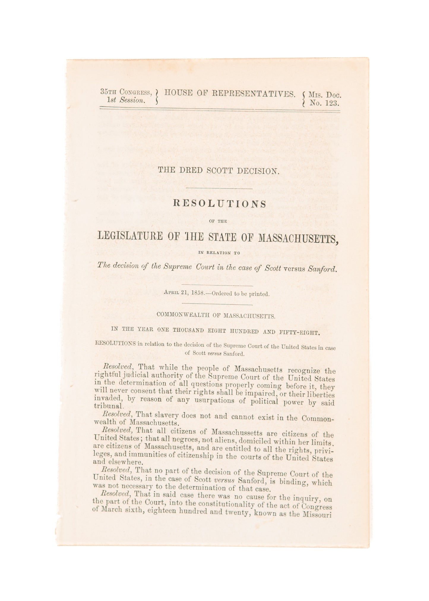 1858 DRED SCOTT. Massachusetts Gives "Hard Pass" to the Dred Scott Decision.