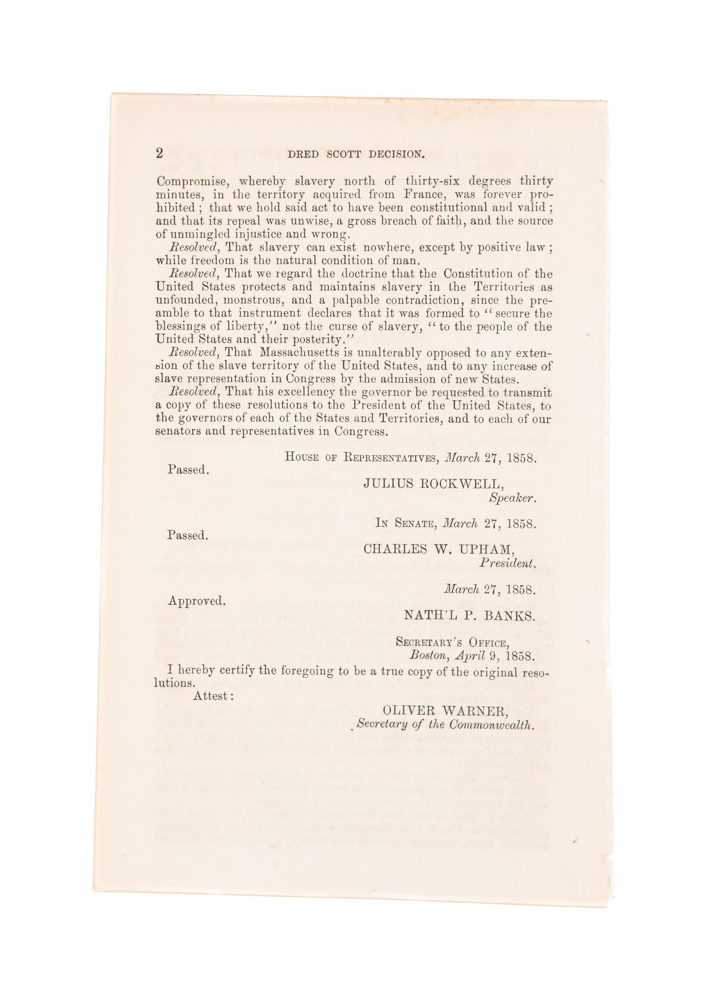 1858 DRED SCOTT. Massachusetts Gives "Hard Pass" to the Dred Scott Decision.