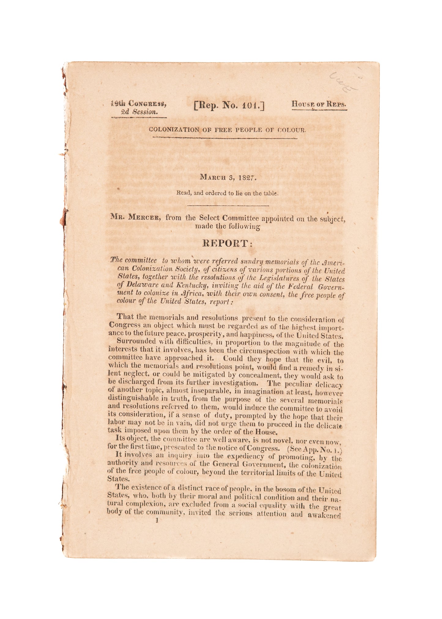 1827 COLONIZATION SOCIETY. Proposed "Mass Deportation" of "Free People of Color" to Liberia.