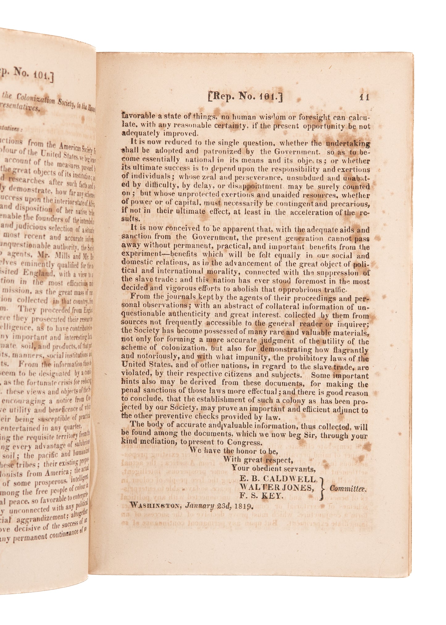 1827 COLONIZATION SOCIETY. Proposed "Mass Deportation" of "Free People of Color" to Liberia.